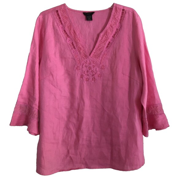 Silkland 100% Linen Embroidered Tunic Womens Sz 1X Pink V-Neck Flare Sleeve Boho - Picture 2 of 14